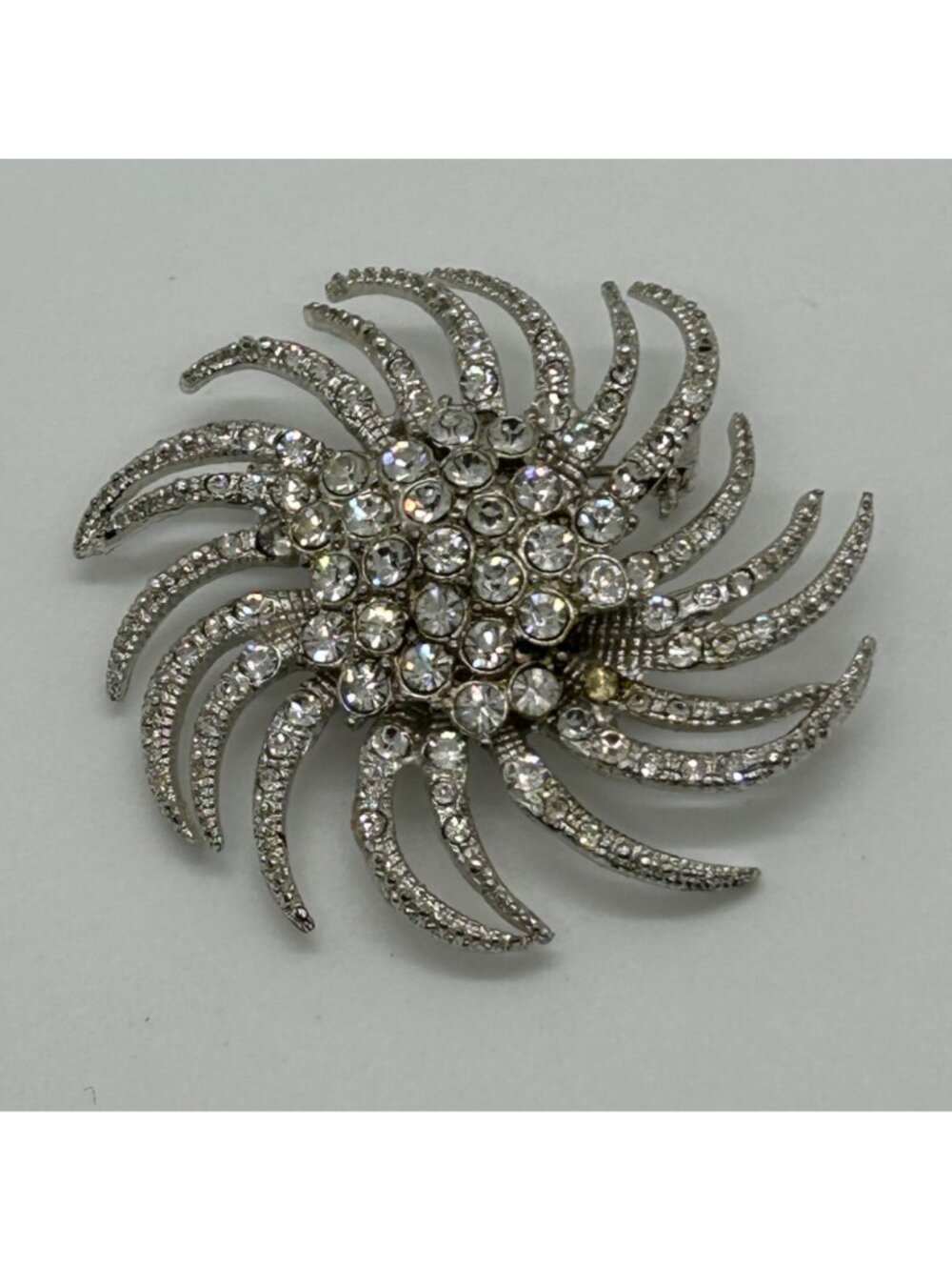 Vintage Silvertone Brooch Sunburst Starburst Swirl Rhinestone Retro Mid-Century - Picture 16 of 16